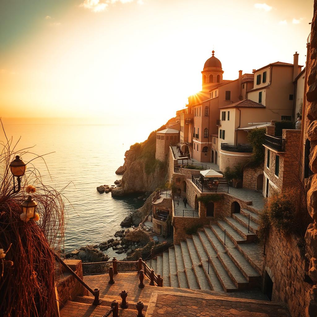 Warm evening light over a coastal village with stone steps down to the sea