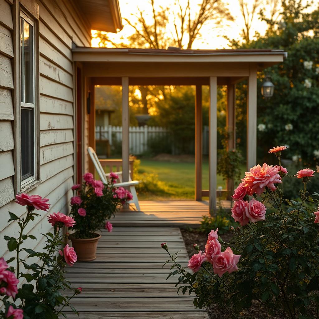 A quiet garden and wooden porch behind an older family home in evening light