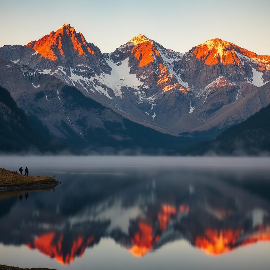 Colorado mountain peaks at sunrise reflected in a still alpine lake