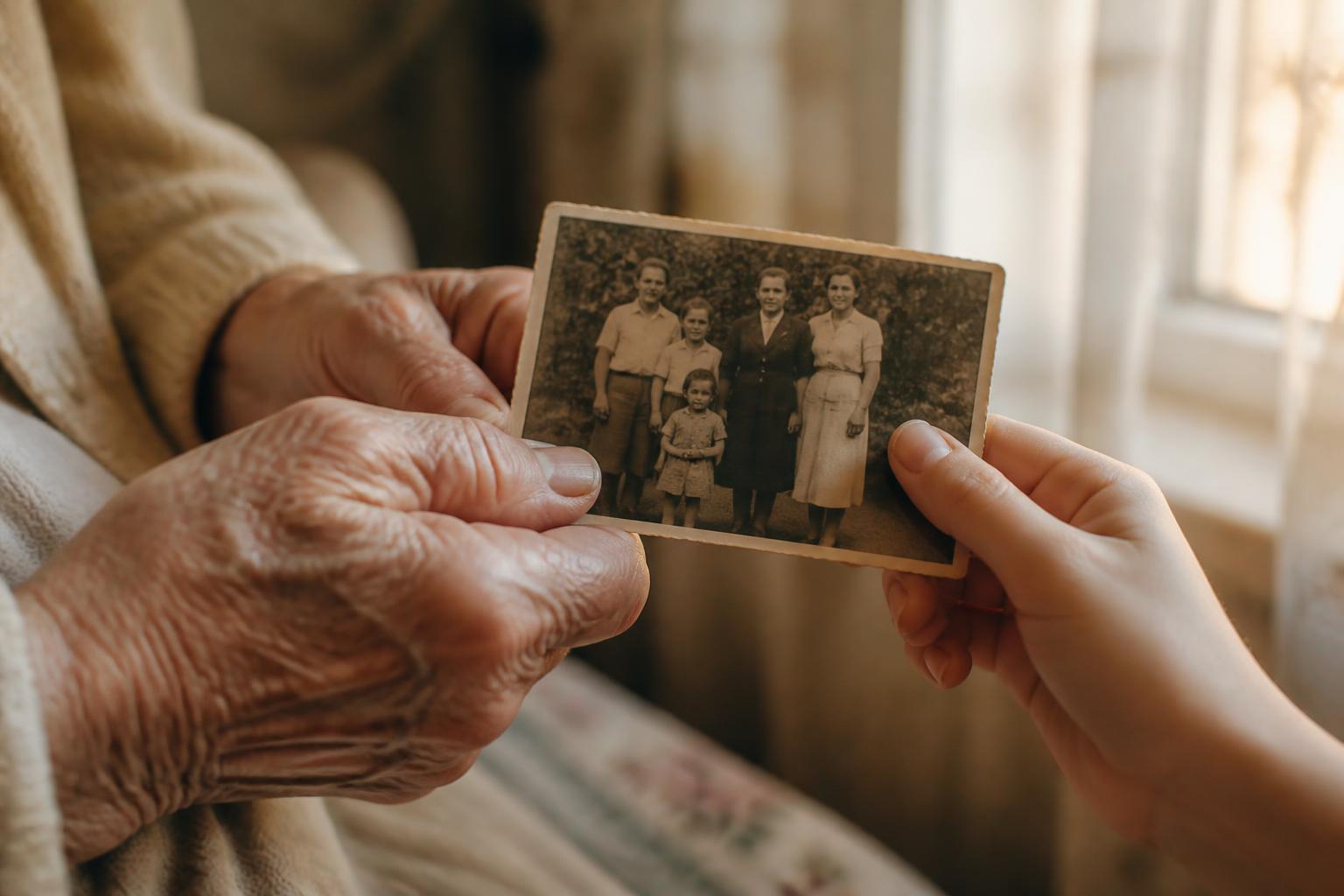 Elderly hands and a younger hand together holding an old family photograph in warm window light
